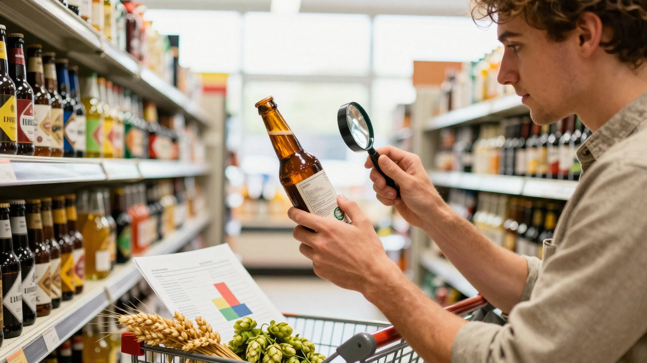 Mann im Supermarkt liest mit Lupe das Etikett einer Bierflasche im Einkaufswagen voller Zutaten.