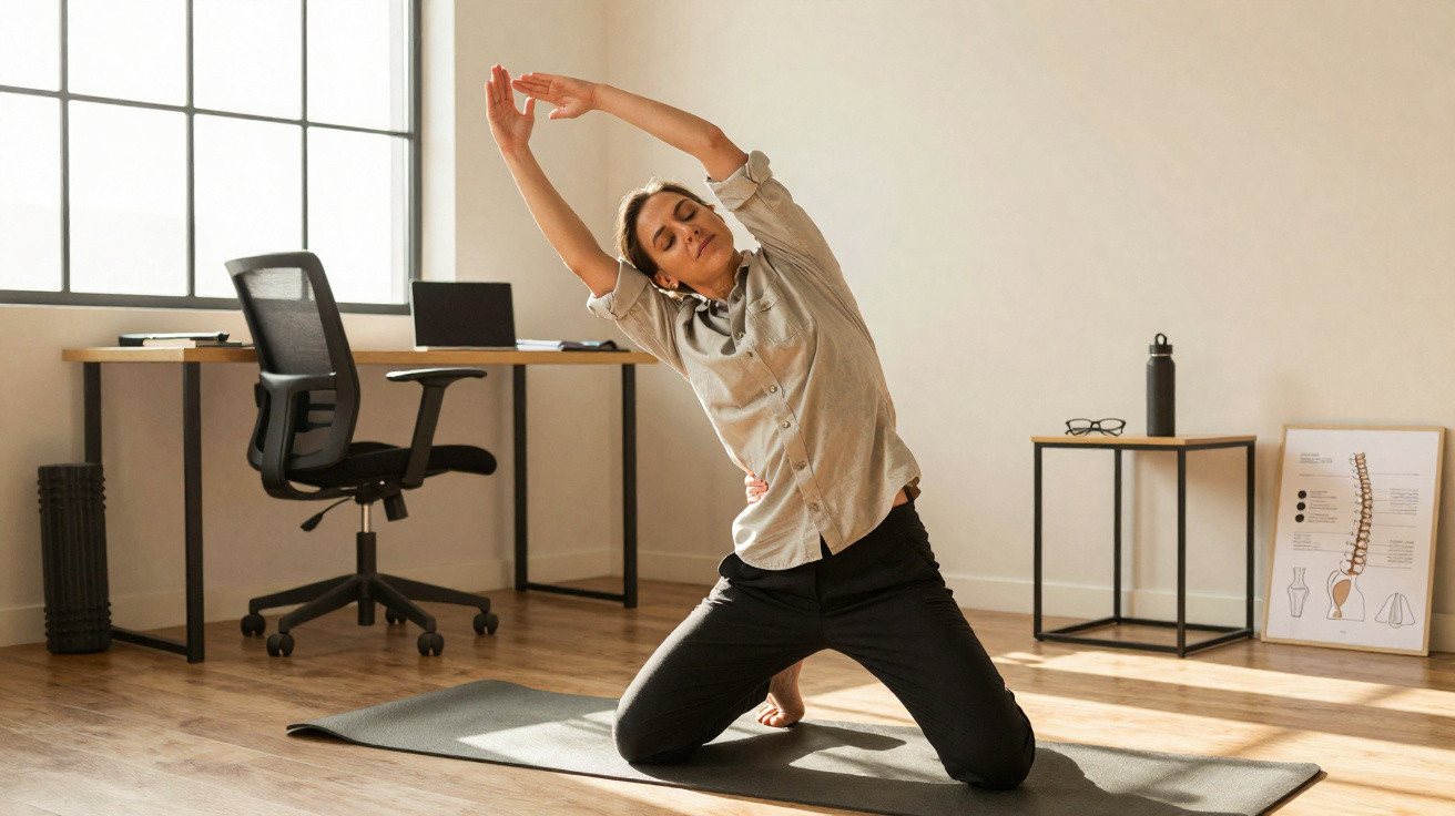Frau macht Dehnübungen auf Yogamatte in hellem Büro mit Schreibtisch und ergonomischem Stuhl.