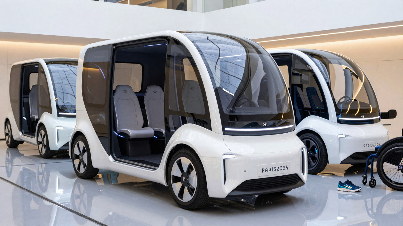 Drei futuristische, weiße autonome Kleinbusse mit großen Fenstern in einer modernen Ausstellungshalle.