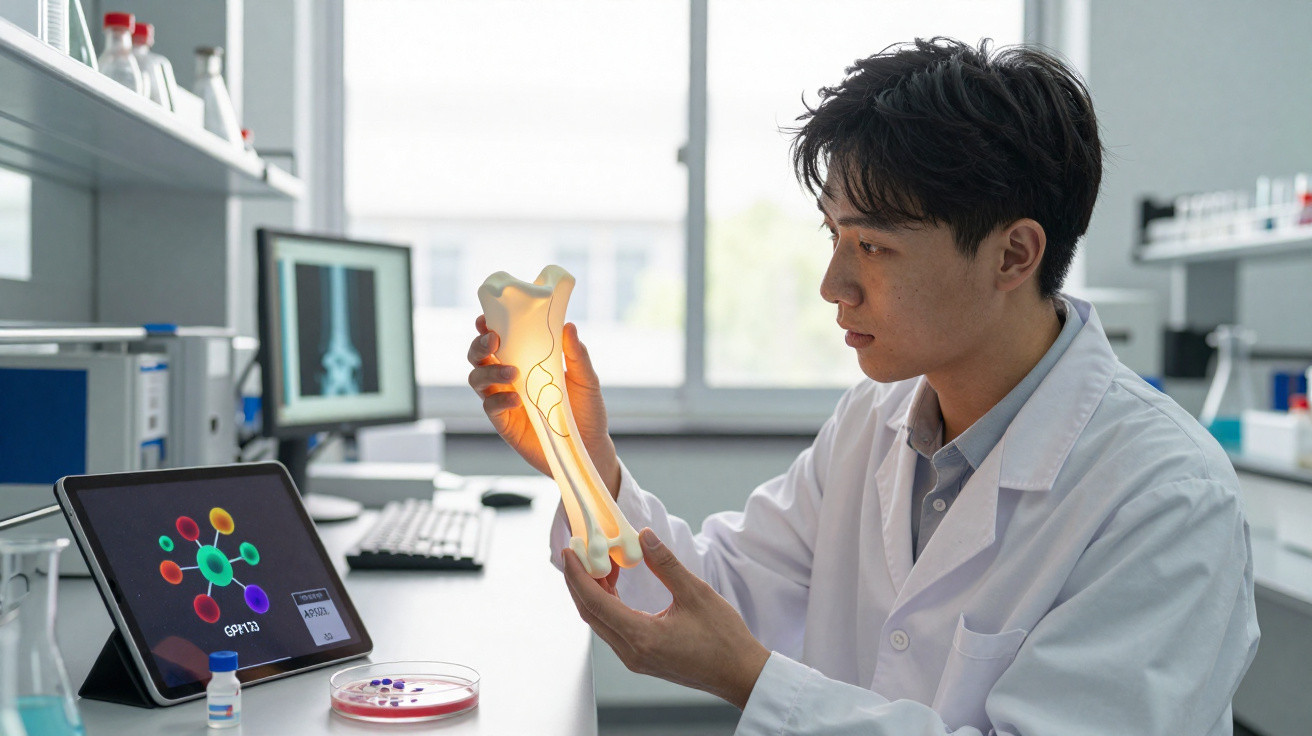 Wissenschaftler im Labor untersucht leuchtendes Knochenmodell mit chemischer Struktur auf Tablet im Hintergrund.