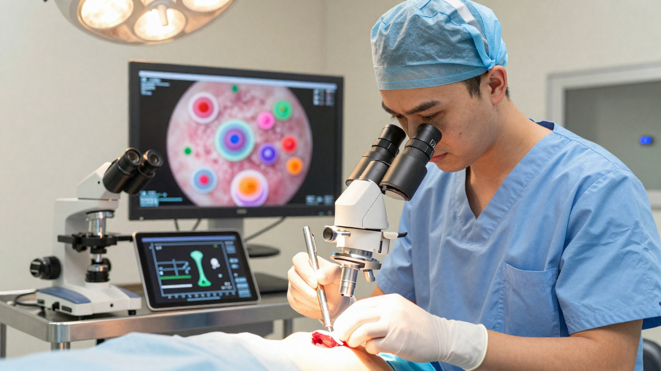 Chirurg in OP-Kleidung arbeitet mit Mikroskop an Operation, Monitore zeigen medizinische Bilder.