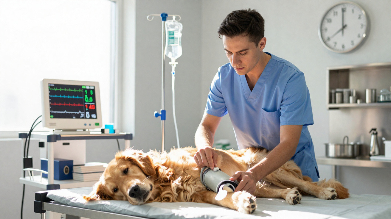 Tierarzt misst Blutdruck bei goldenem Retriever in moderner Tierklinik mit Monitor und Infusion im Hintergrund.
