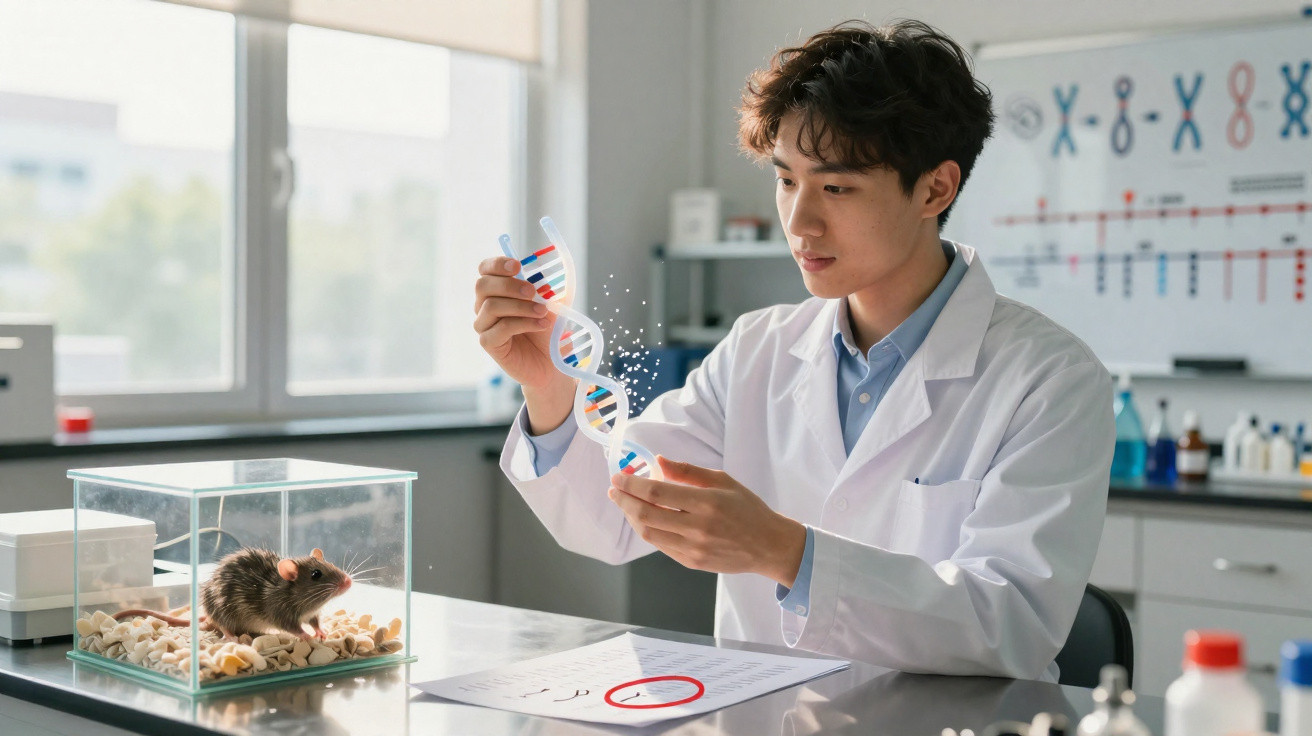 Wissenschaftler im Labor untersucht DNA-Modell vor Käfig mit Laborratte auf dem Tisch.