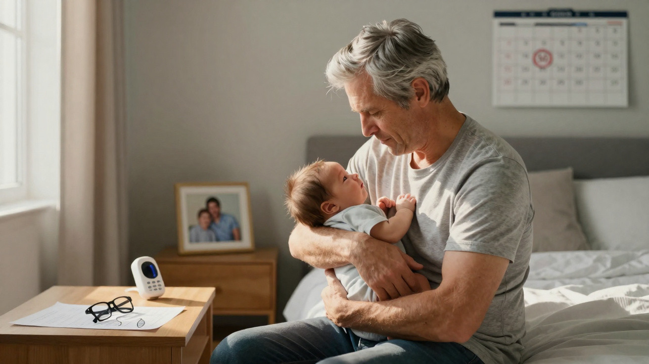 Älterer Mann hält liebevoll ein Baby im Schlafzimmer, Fensterlicht fällt auf sie, Familienfoto im Hintergrund.