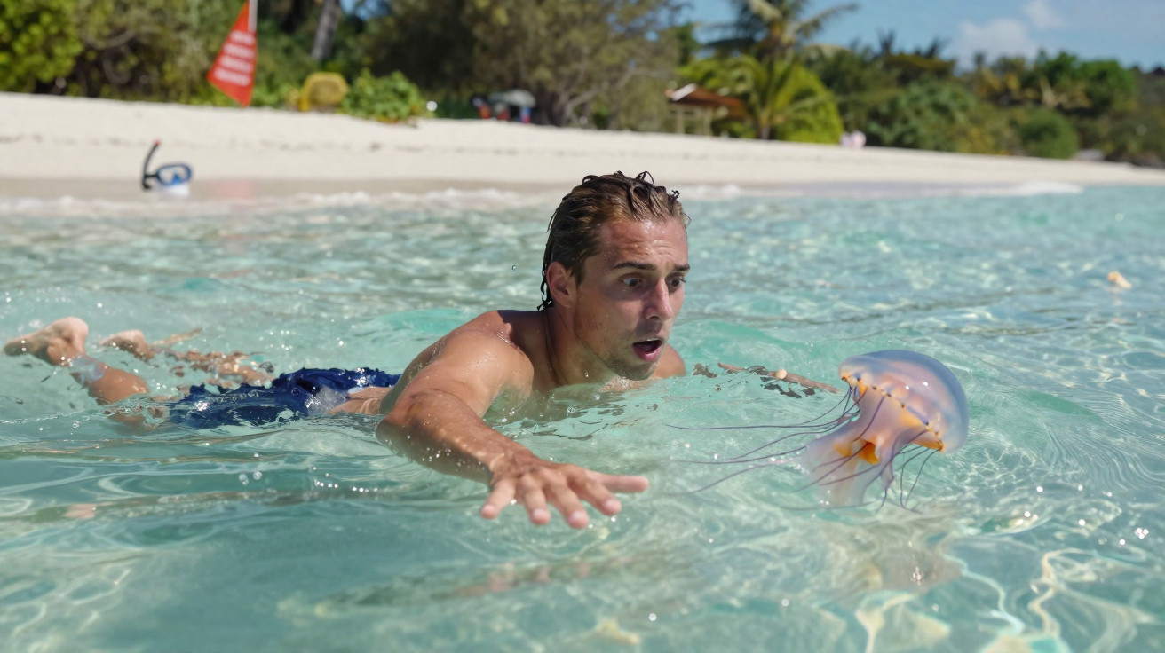 Mann schwimmt im flachen Wasser auf eine Qualle zu, Strand und Palmen im Hintergrund sichtbar.