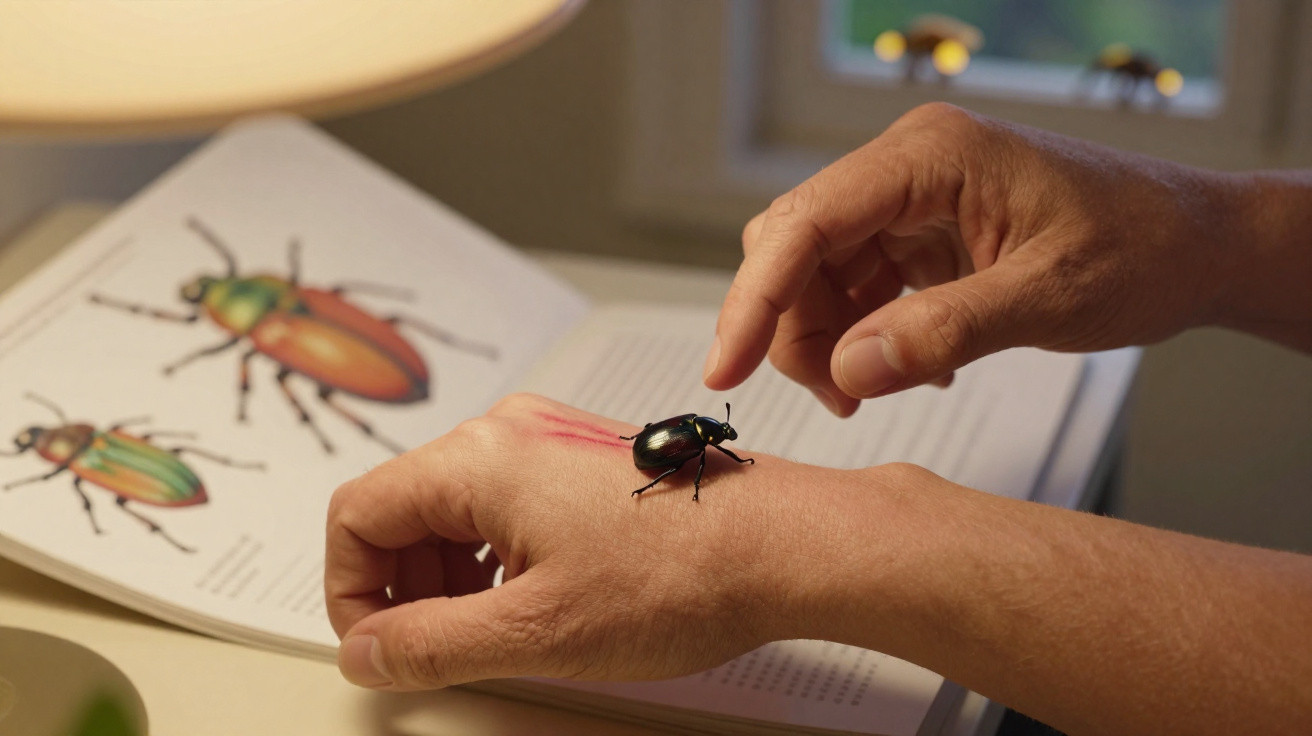 Hand mit großem schwarzem Käfer darauf, im Hintergrund Buch mit Käferabbildungen geöffnet.
