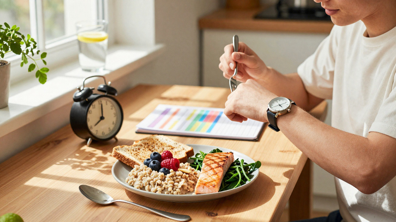 Person sitzt am Küchentisch mit gesundem Essen aus Lachs, Körnern, Beeren, Toast und Salat bei Tageslicht.