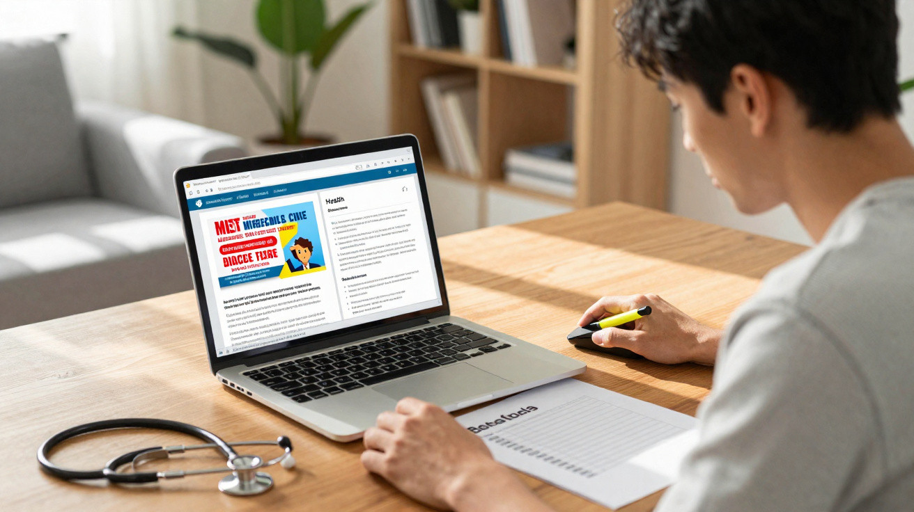Person sitzt am Tisch und liest auf Laptop medizinische Informationen, Stethoskop liegt daneben.