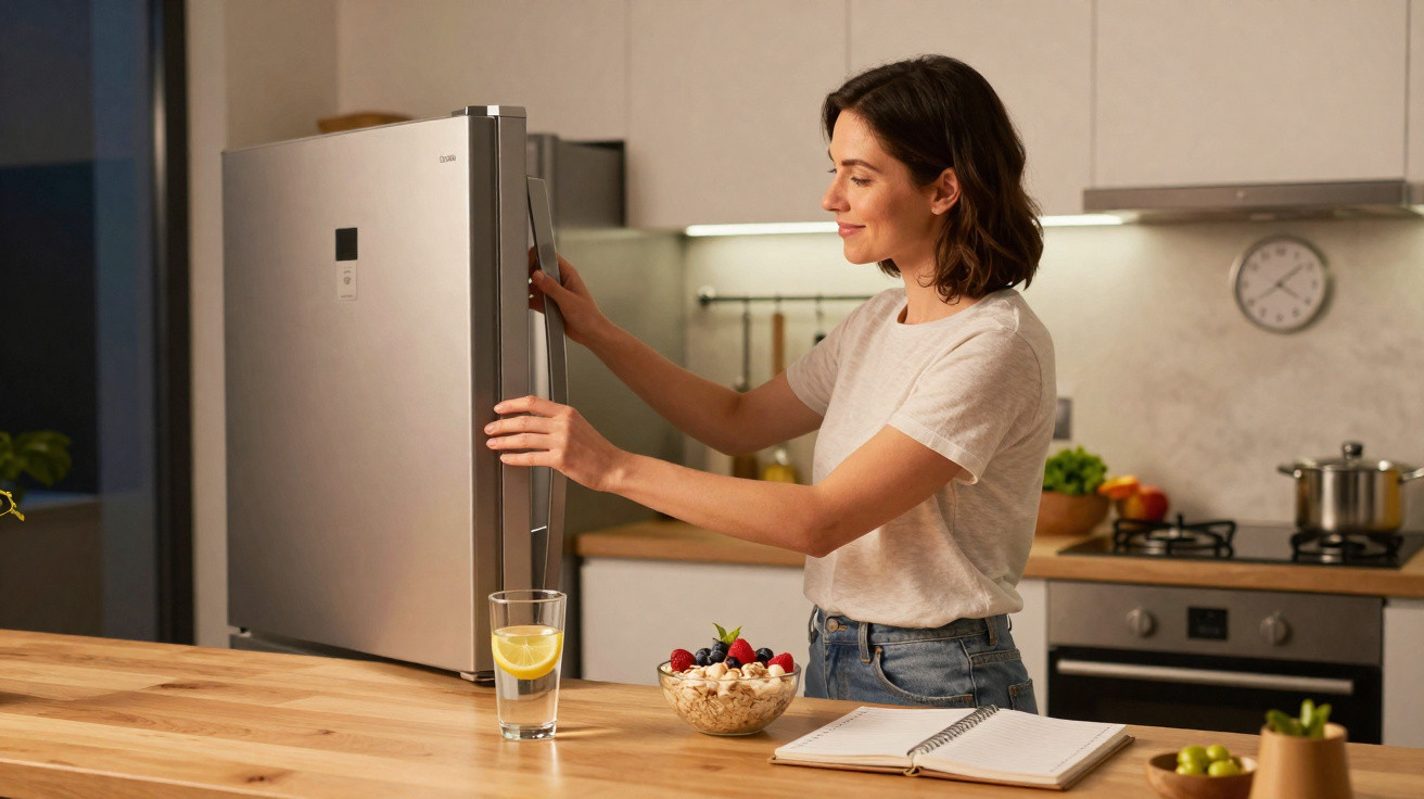 Frau öffnet Kühlschrank in moderner Küche, auf dem Tisch Müslischale, Glas Wasser und Notizbuch