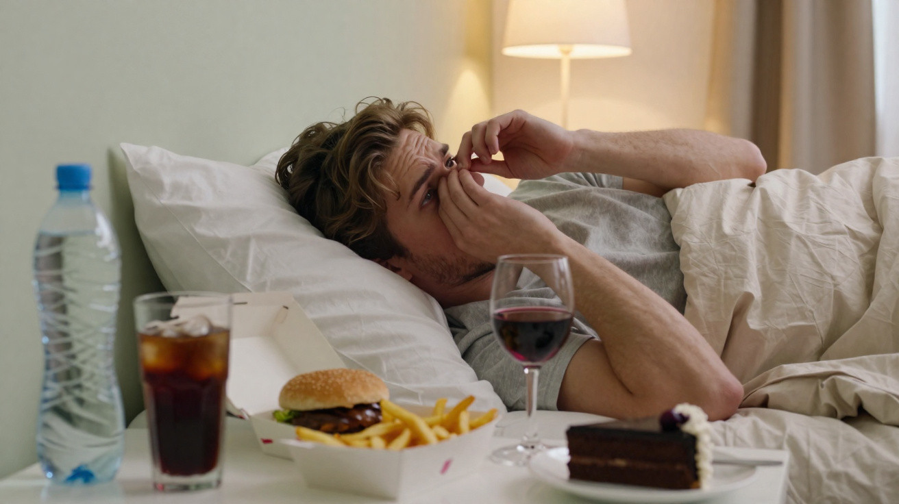 Mann liegt im Bett und reibt sich die Augen, neben ihm stehen Essen, Getränk und ein Glas Rotwein.