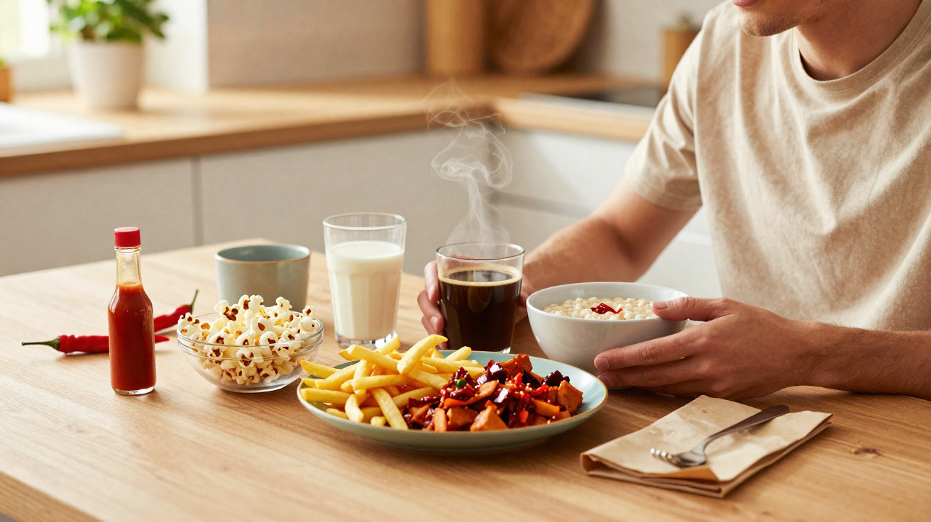Person sitzt am Tisch mit Pommes, Popcorn, Milch, einer Schale und dampfendem Kaffee in einer hellen Küche.