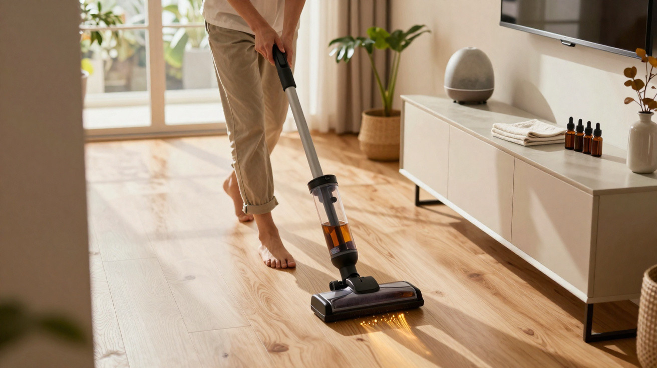 Person mit beige Hose saugt barfuß in hellem Wohnzimmer Laminatboden mit kabellosem Staubsauger.