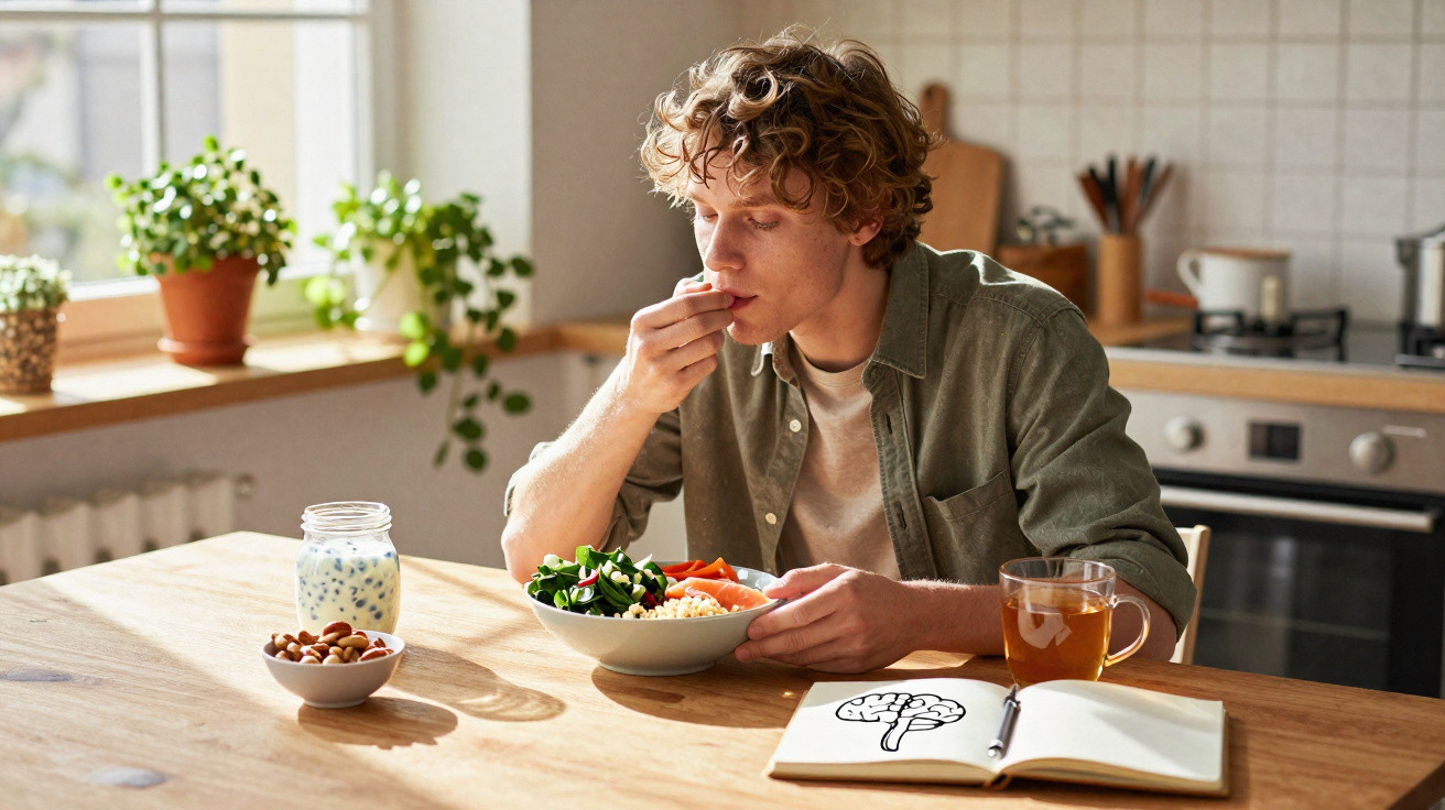 Junger Mann sitzt am Küchentisch und isst einen gesunden Salat mit Nüssen und Tee, neben einem Notizbuch.
