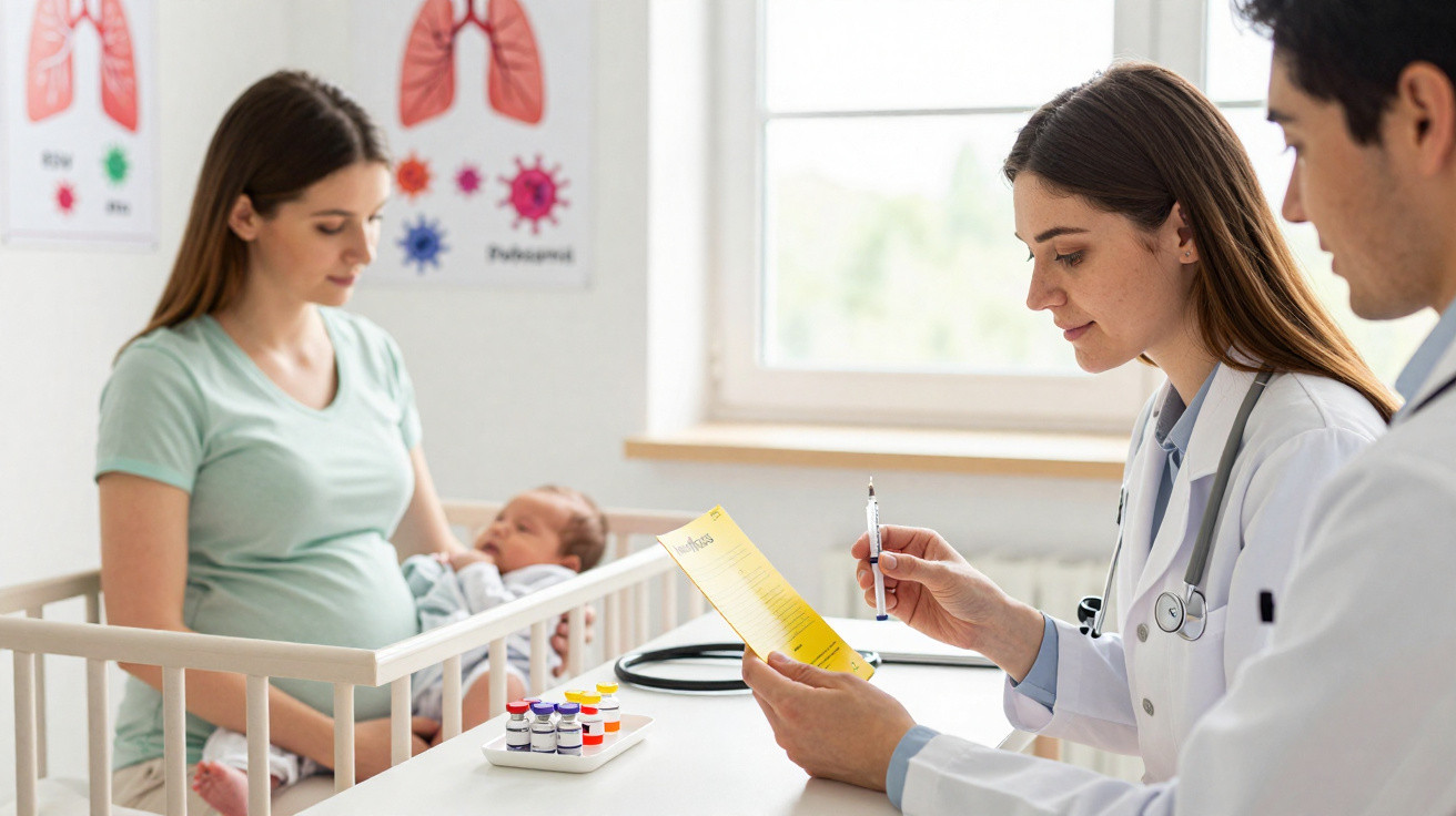 Ärztin und Arzt besprechen Impfplan, Mutter hält Baby im Wartezimmer einer Kinderarztpraxis.