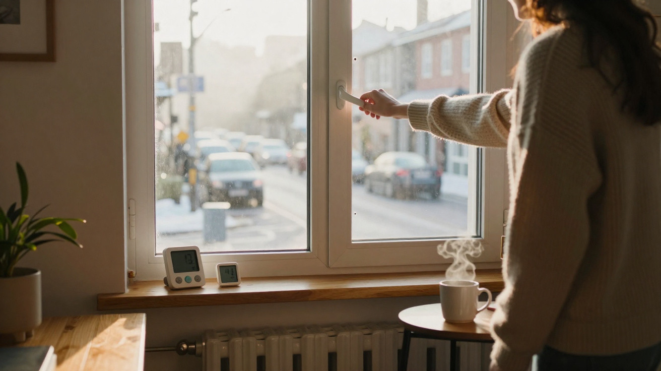 Frau öffnet Fenster in hellem Raum, dampfende Tasse und Pflanzen auf Fensterbank, Stadtblick draußen.