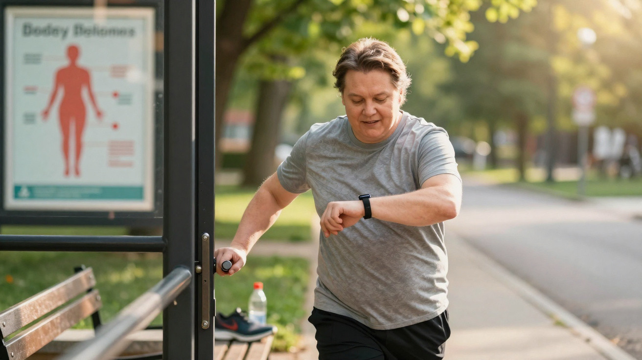 Mann joggt im Park und schaut auf seine Smartwatch bei sonnigem Wetter am Nachmittag.