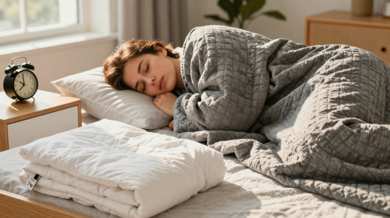 Frau schläft friedlich im Bett unter grauer Steppdecke neben Wecker auf Nachttisch.