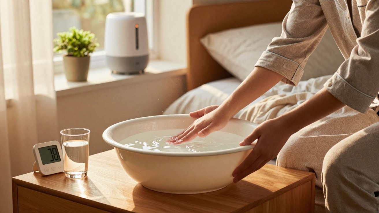 Person misst Fieber, taucht Hand in Schüssel mit Wasser, Glas Wasser und Thermometer auf Nachttisch.