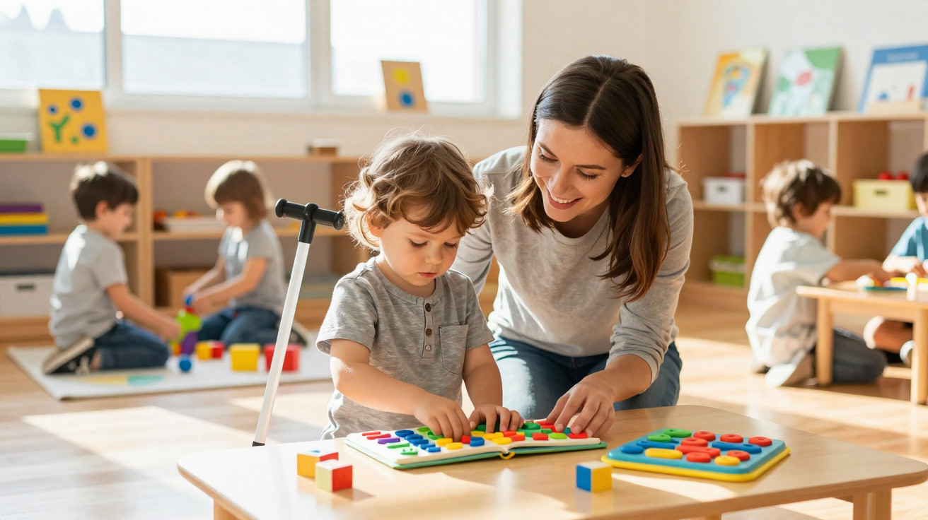 Kind spielt mit Lernspielzeug am Tisch, wird von freundlicher Betreuerin unterstützt, weitere Kinder im Hintergrund
