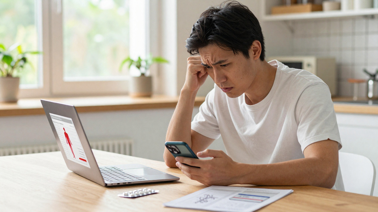 Junger Mann sitzt besorgt am Tisch mit Smartphone, Laptop und Medikamenten in heller Küche.