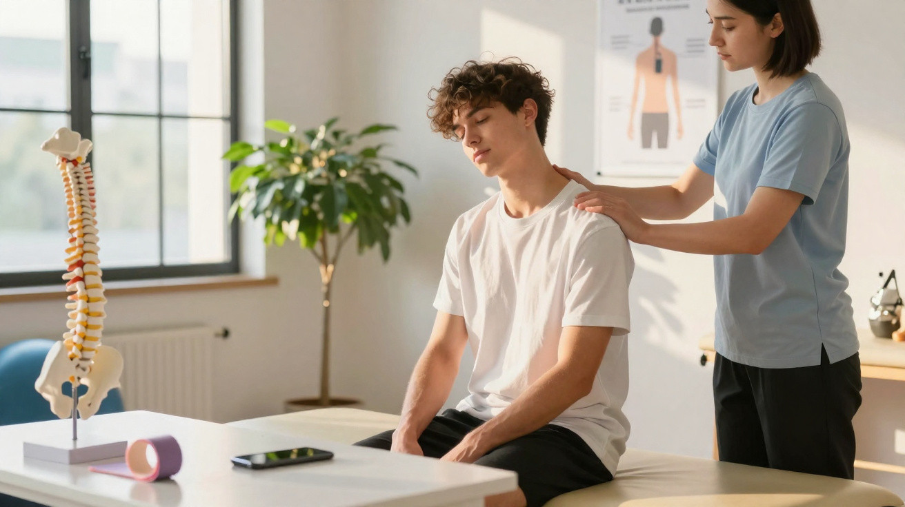 Physiotherapeutin massiert Schultern eines jungen Mannes im hellen Behandlungsraum mit Wirbelsäulenmodell.