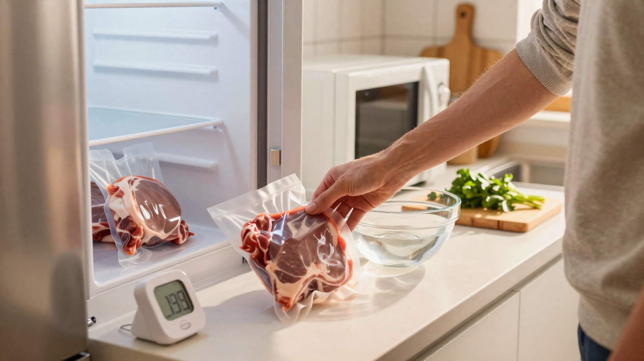 Person legt vakuumverpacktes Fleisch neben Kühlgerät und Küchenthermometer auf Küchenarbeitsplatte ab.