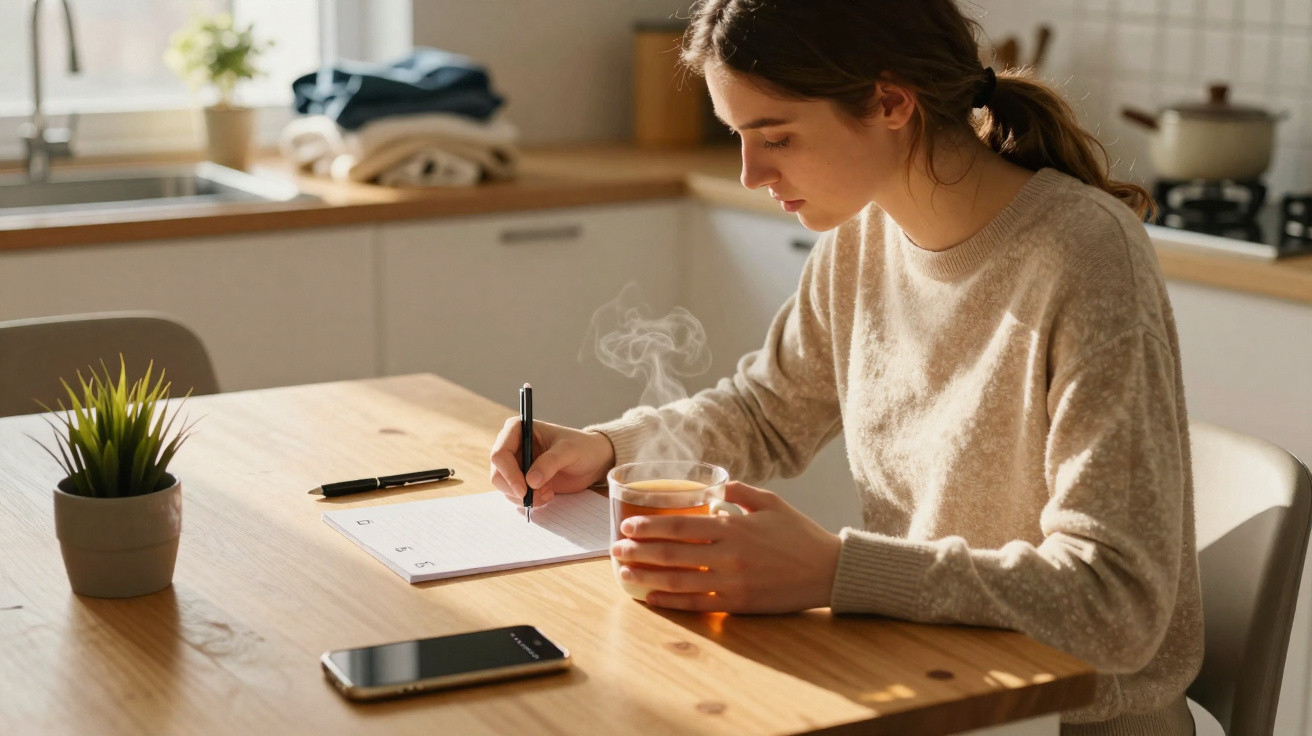Frau sitzt am Küchentisch, schreibt in Notizbuch und hält dampfende Tasse Tee in der Hand.