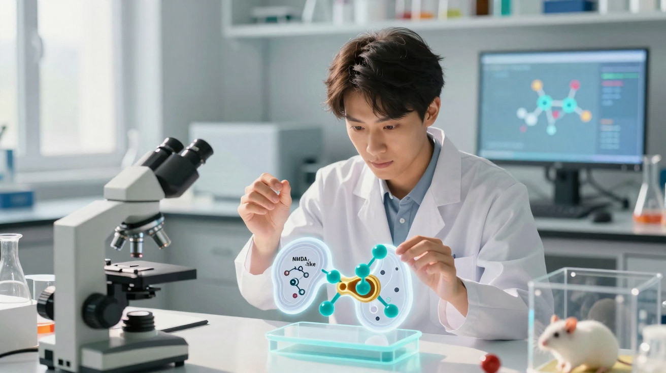 Wissenschaftler im Labor analysiert molekulare Strukturen mit holografischen Darstellungen und Mikroskop.