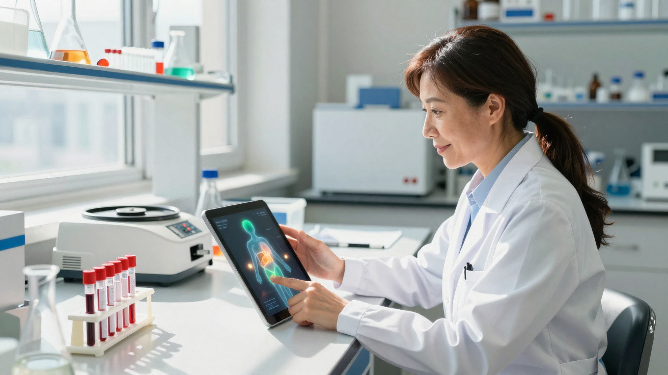 Ärztin im weißen Kittel analysiert digitale Röntgenaufnahme eines Körpers auf einem Tablet im Labor.