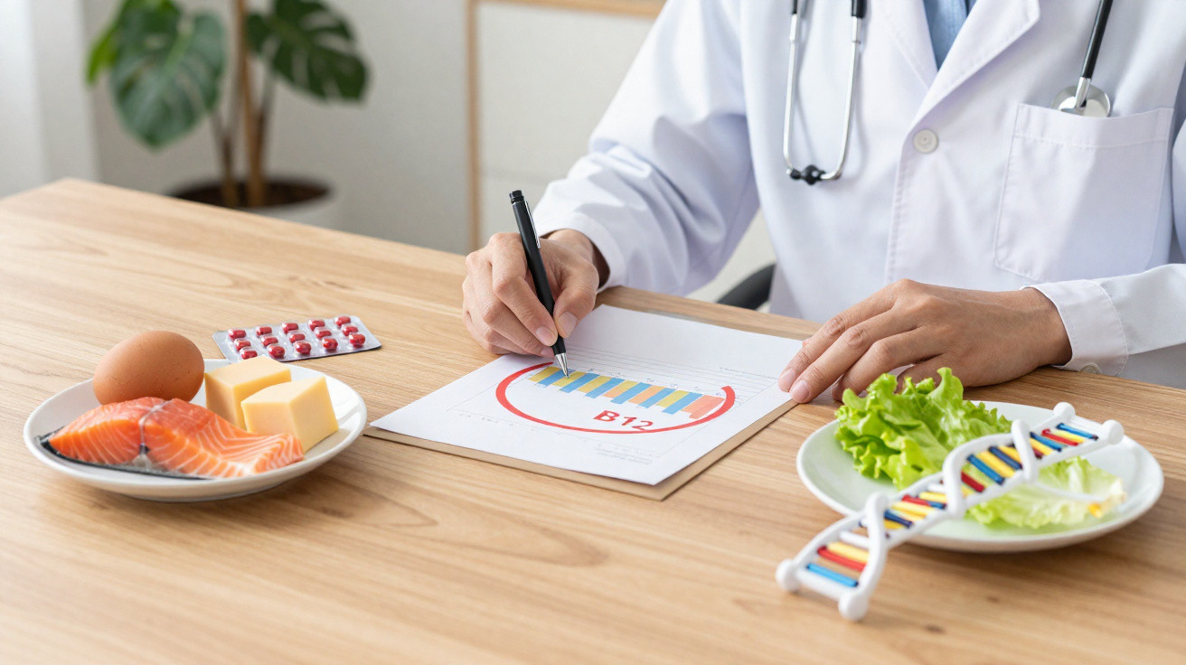 Arzt analysiert Vitamin B12-Diagramm, mit Lebensmitteln und DNA-Modell auf dem Tisch.