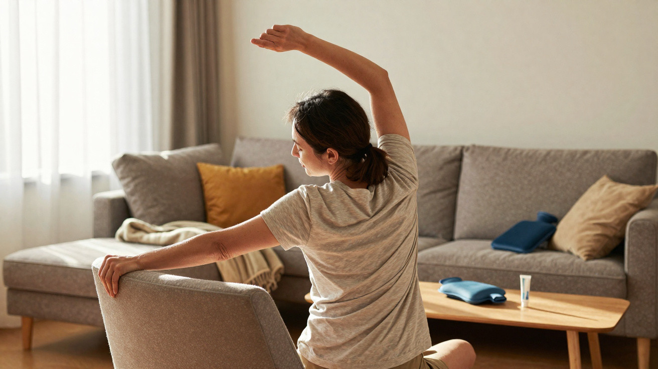 Frau dehnt sich sitzend im Wohnzimmer an einem Stuhl mit Sofa und Kissen im Hintergrund.