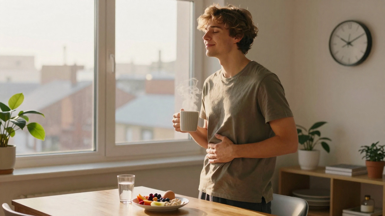 Junger Mann trinkt Kaffee und genießt den Blick aus dem Küchenfenster am Morgen.