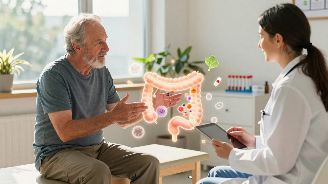 Älterer Mann spricht mit Ärztin über Darmgesundheit, digitale Symbole des Verdauungstrakts sichtbar.