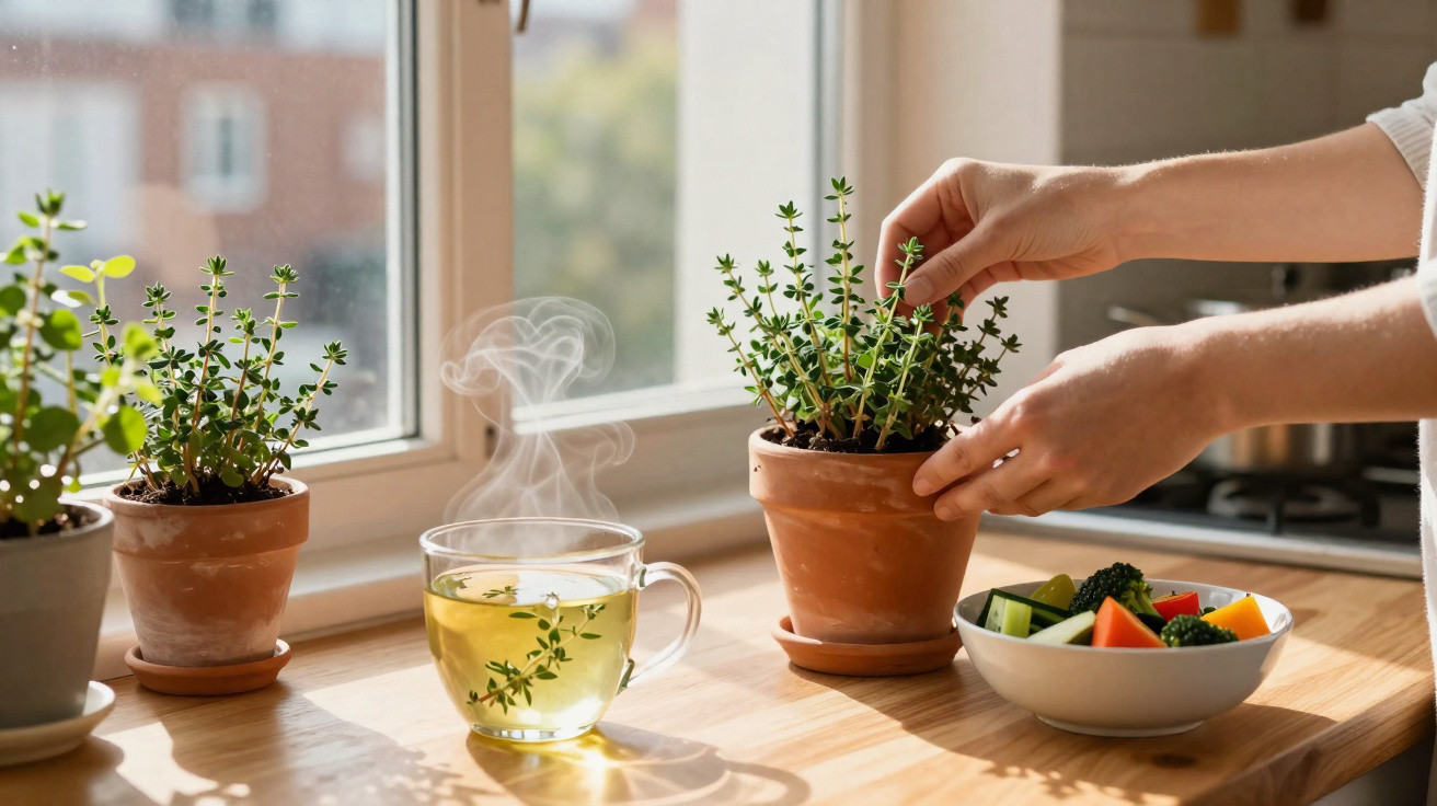 Hände pflanzen frische Kräuter in einen Blumentopf auf der Küchenfensterbank mit Tee und frischem Gemüse.