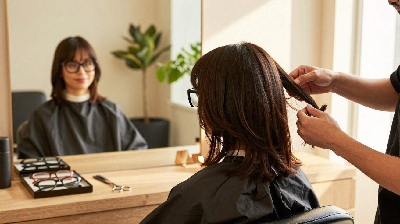 Frau mit Brille sitzt im Friseursalon, während Friseur ihre Haare begutachtet.