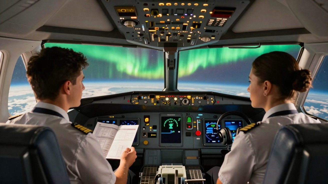 Zwei Piloten im Cockpit eines Flugzeugs mit Blick auf Nordlichter und die Erde aus dem Fenster.