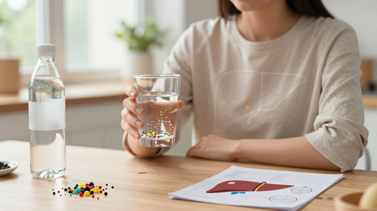 Frau hält ein Glas Wasser mit bunten Pillen, neben Leberdiagramm und Wasserflasche auf dem Tisch.