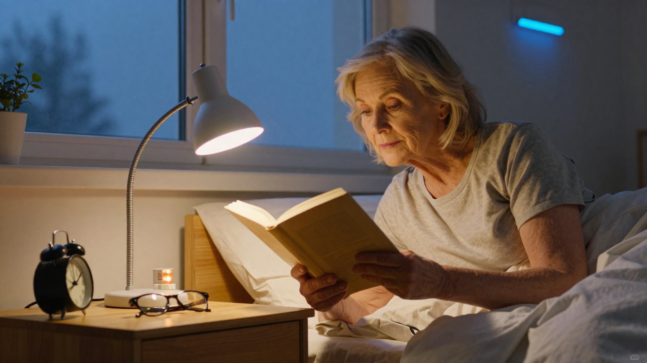Ältere Frau liest abends im Bett ein Buch, beleuchtet von einer Nachttischlampe.