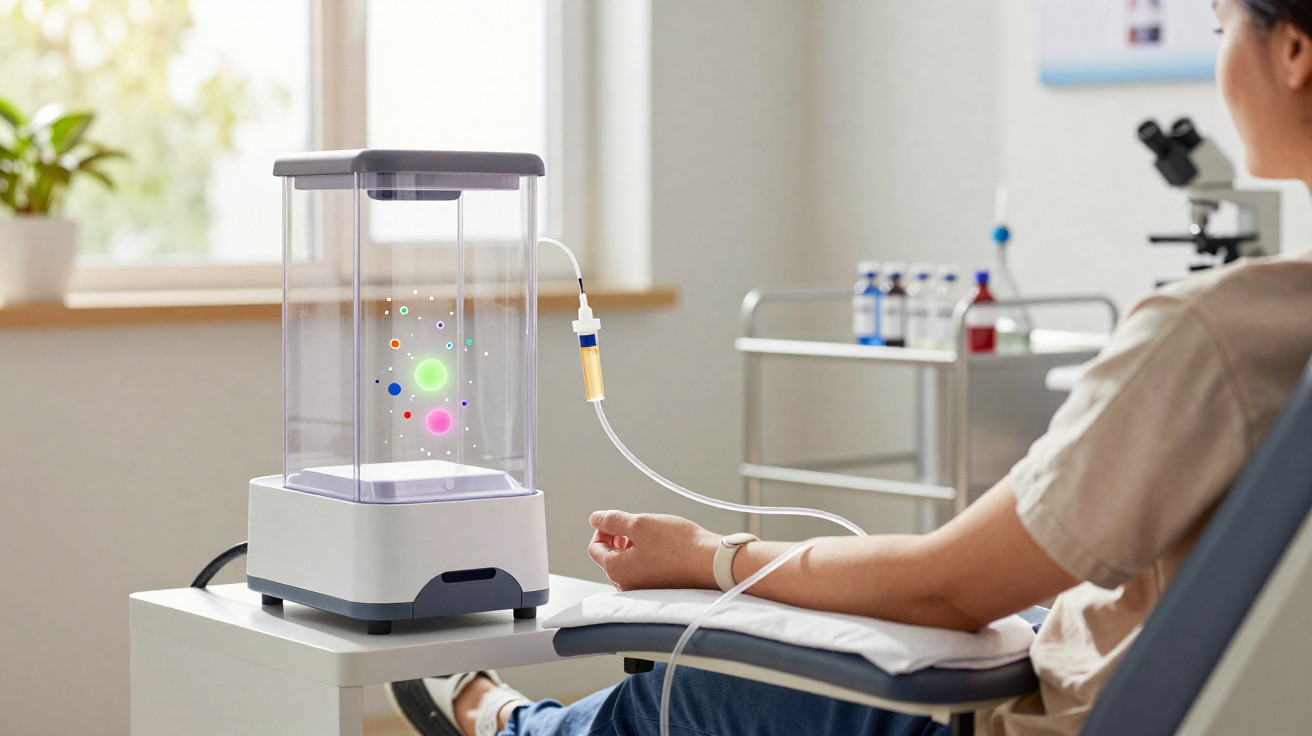 Mann erhält Infusion, daneben ein transparentes Gerät mit farbigen Lichtern in einem hellen Raum.