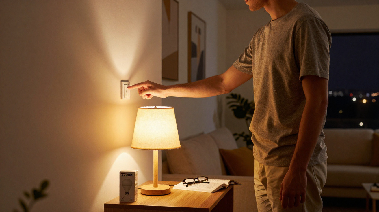 Mann schaltet nachts Licht an, steht neben beleuchteter Lampe und Tisch mit Buch und Brille im Wohnzimmer.