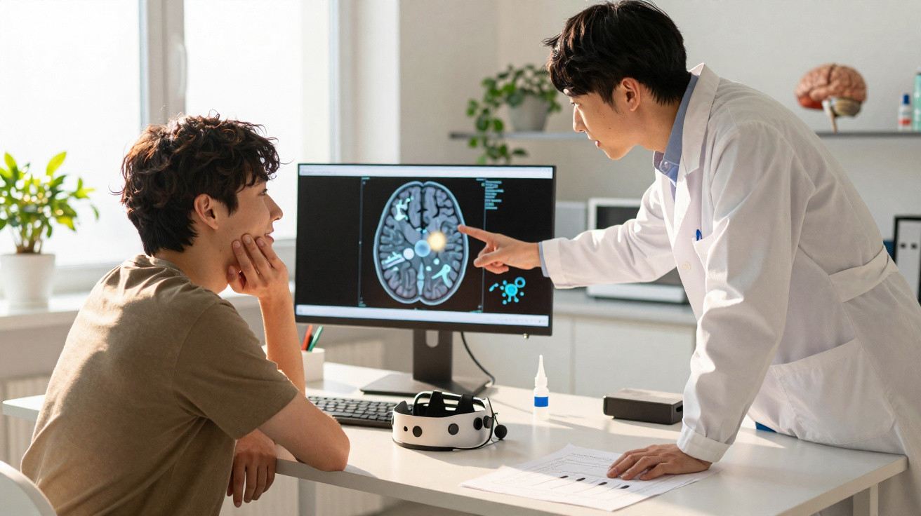 Arzt erklärt Patient Hirnscan auf Monitor im Beratungszimmer einer neurologischen Praxis.