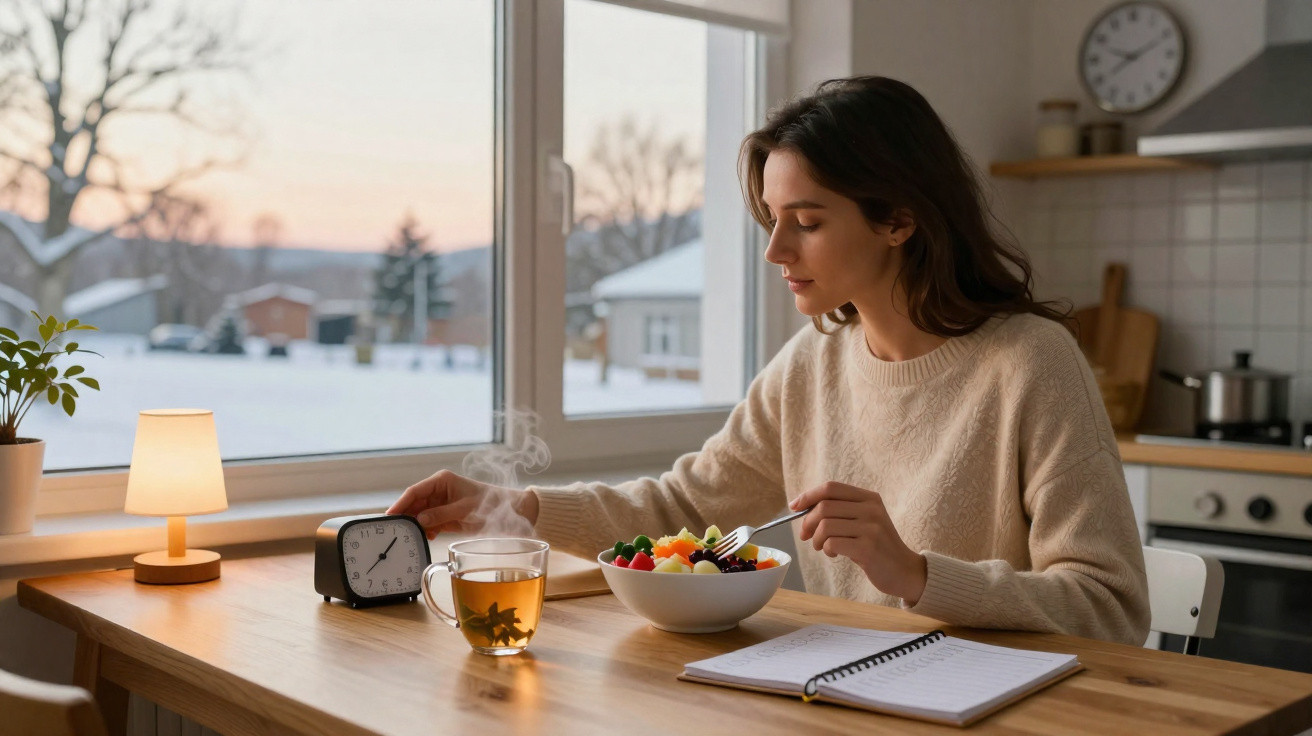 Frau frühstückt mit Obstsalat und Tee am Tisch, schaut auf Wecker, Küchenfenster mit Schnee im Hintergrund.
