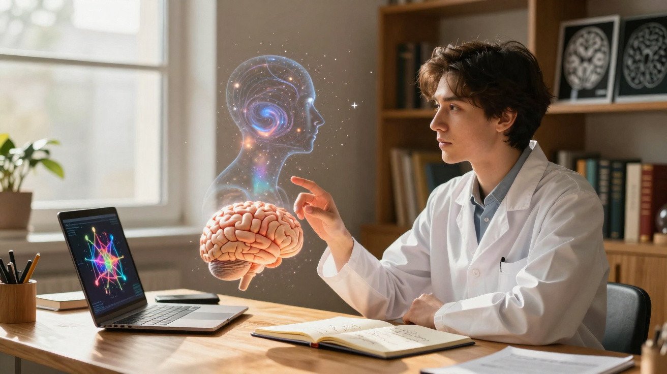 Junger Forscher im weißen Kittel untersucht Gehirn-Hologramm und neuronales Netzwerk am Laptop.