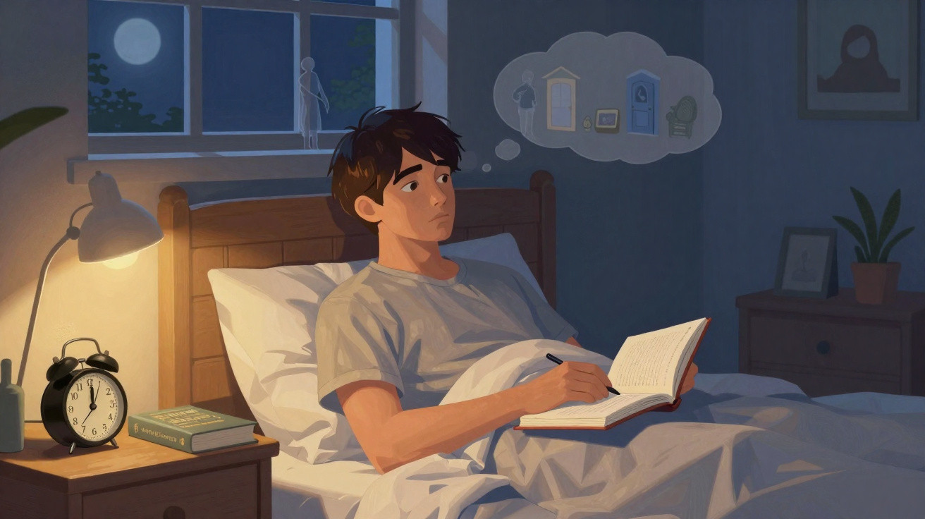 Junger Mann liegt im Bett, schreibt im Notizbuch und träumt von Türen und Fenstern im Zimmer.