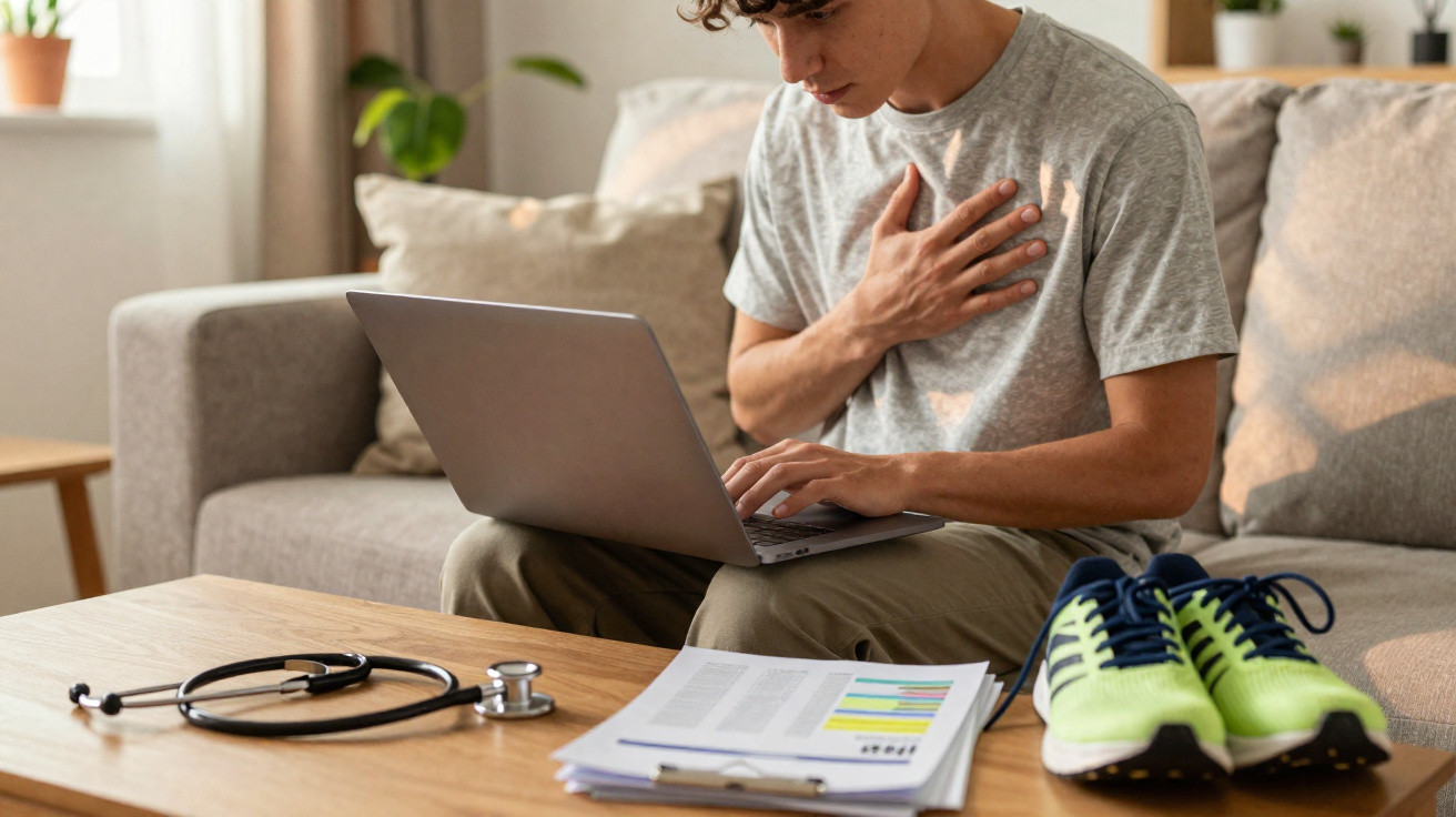 Junger Mann sitzt mit Laptop auf dem Sofa und hält sich die Brust, daneben Stethoskop und Sportschuhe auf dem Tisch.