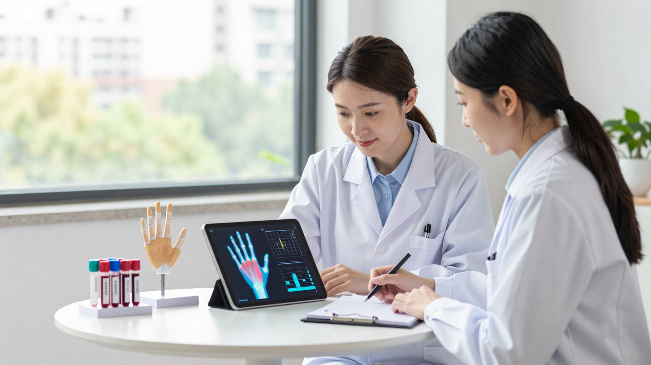 Zwei Ärztinnen analysieren digitale Röntgenbilder der Hand auf einem Tablet in einem hellen Büro.