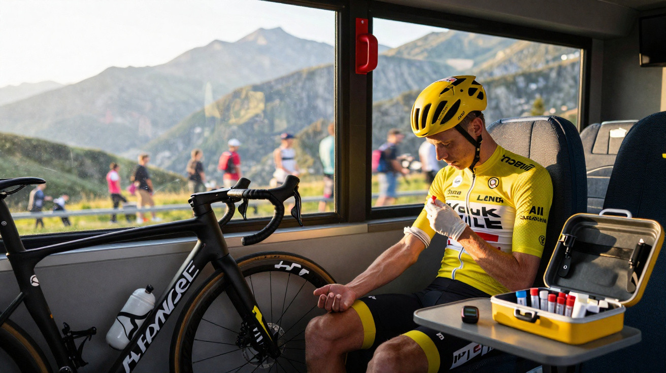 Radfahrer in gelbem Trikot sitzt im Bus, umgeben von Fahrrad und Ausrüstung, mit Berglandschaft im Hintergrund.