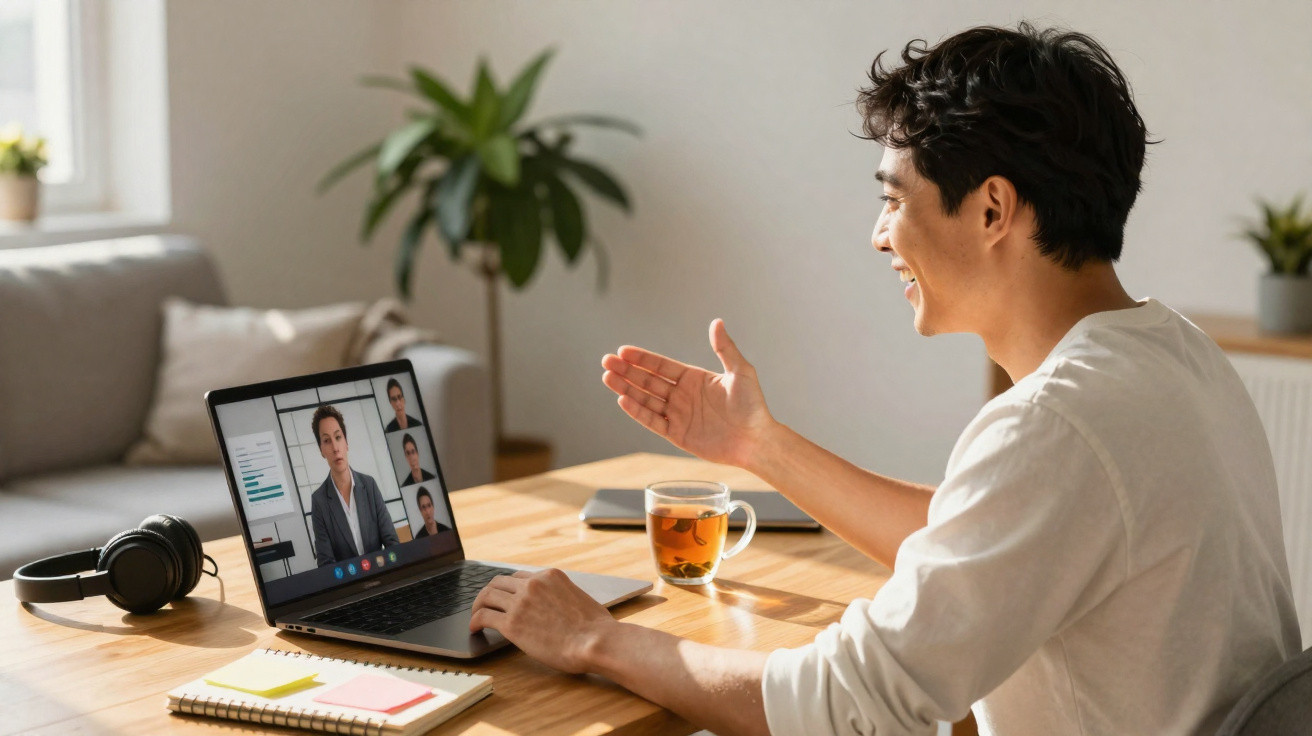 Junger Mann führt Videoanruf am Laptop, sitzt an Holztisch mit Tee und Notizbuch im hellen Wohnzimmer.