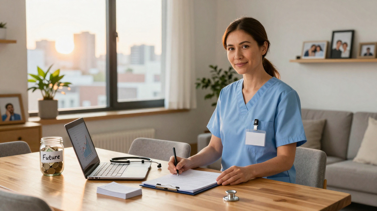 Junge Krankenschwester in blauer Uniform sitzt am Tisch, schreibt auf Klemmbrett, Laptop und Sparglas daneben.