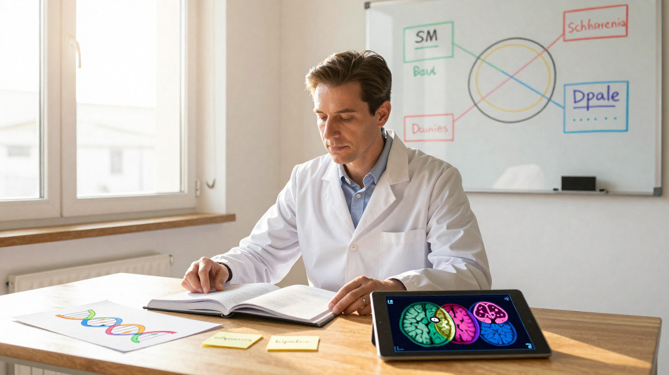 Wissenschaftler im weißen Kittel liest Buch am Tisch mit DNA-Chart und Tablet mit Gehirnbildern.